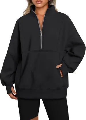 AUTOMET Women's Half Zip Oversized Sweatshirts Fleece Pullover Long Hoodies Casual Mock Turtleneck Sweaters with Pockets