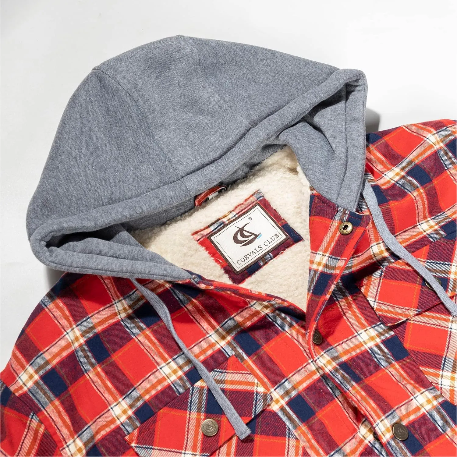 COEVALS CLUB Men's Flannel Jacket Sherpa Lined Quilted Cotton Snap Button Up Long Sleeve Shirts Hooded Coat