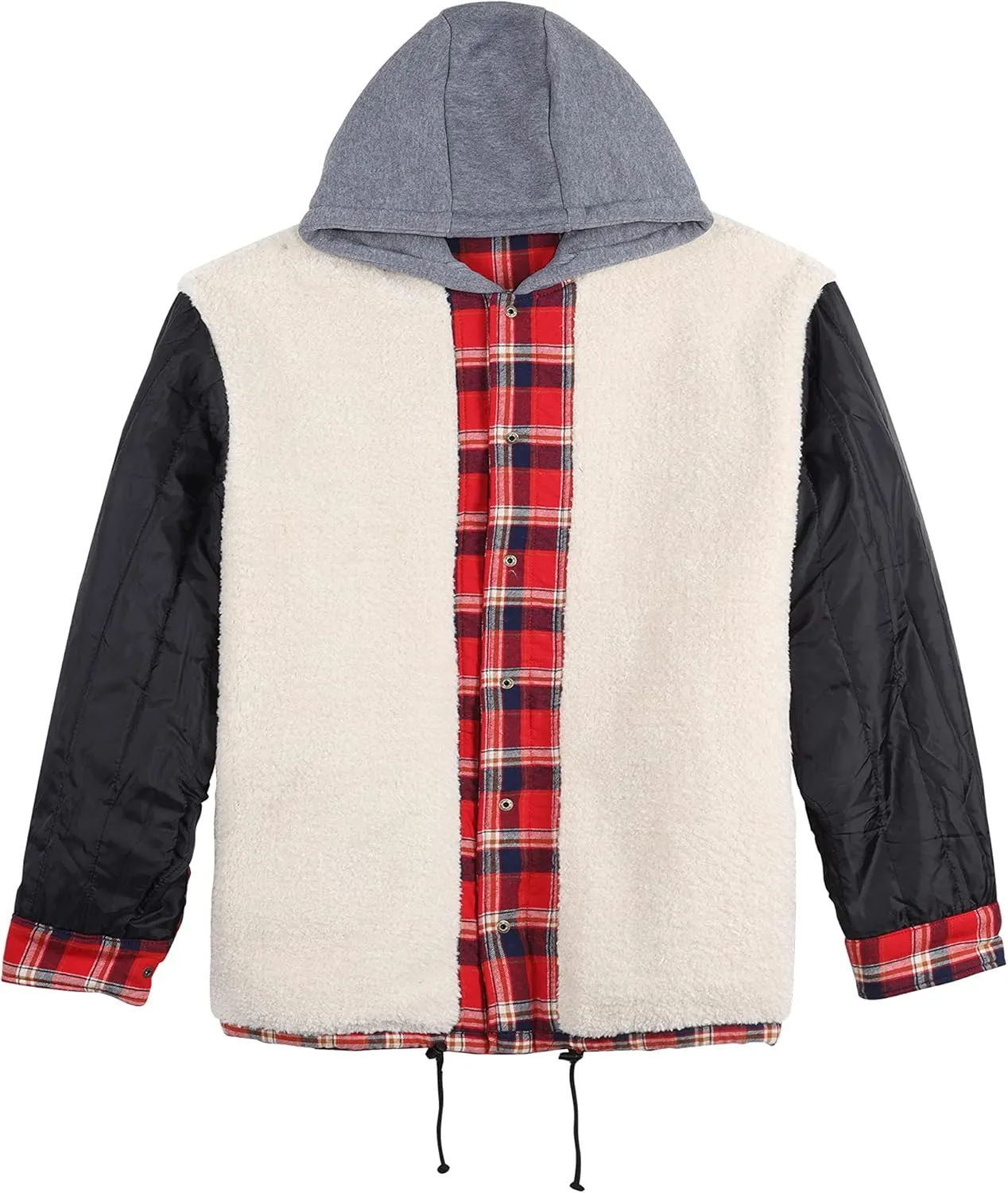 COEVALS CLUB Men's Flannel Jacket Sherpa Lined Quilted Cotton Snap Button Up Long Sleeve Shirts Hooded Coat