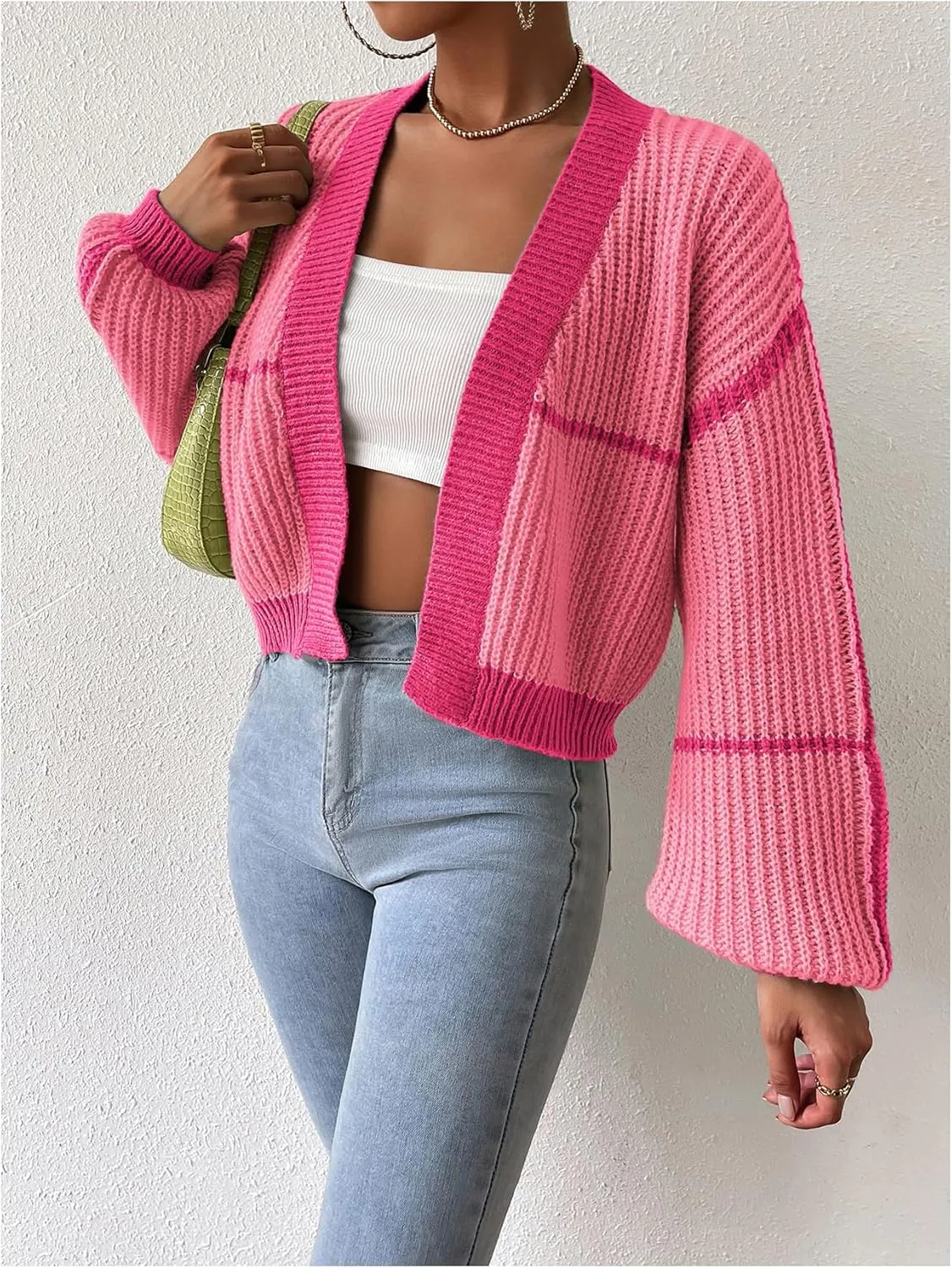 COZYEASE Women's Color Block Crop Cardigan Top Bishop Long Sleeve Open Front Sweater