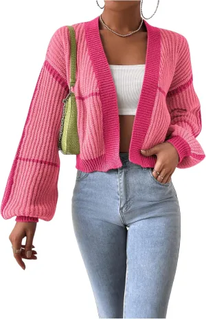 COZYEASE Women's Color Block Crop Cardigan Top Bishop Long Sleeve Open Front Sweater