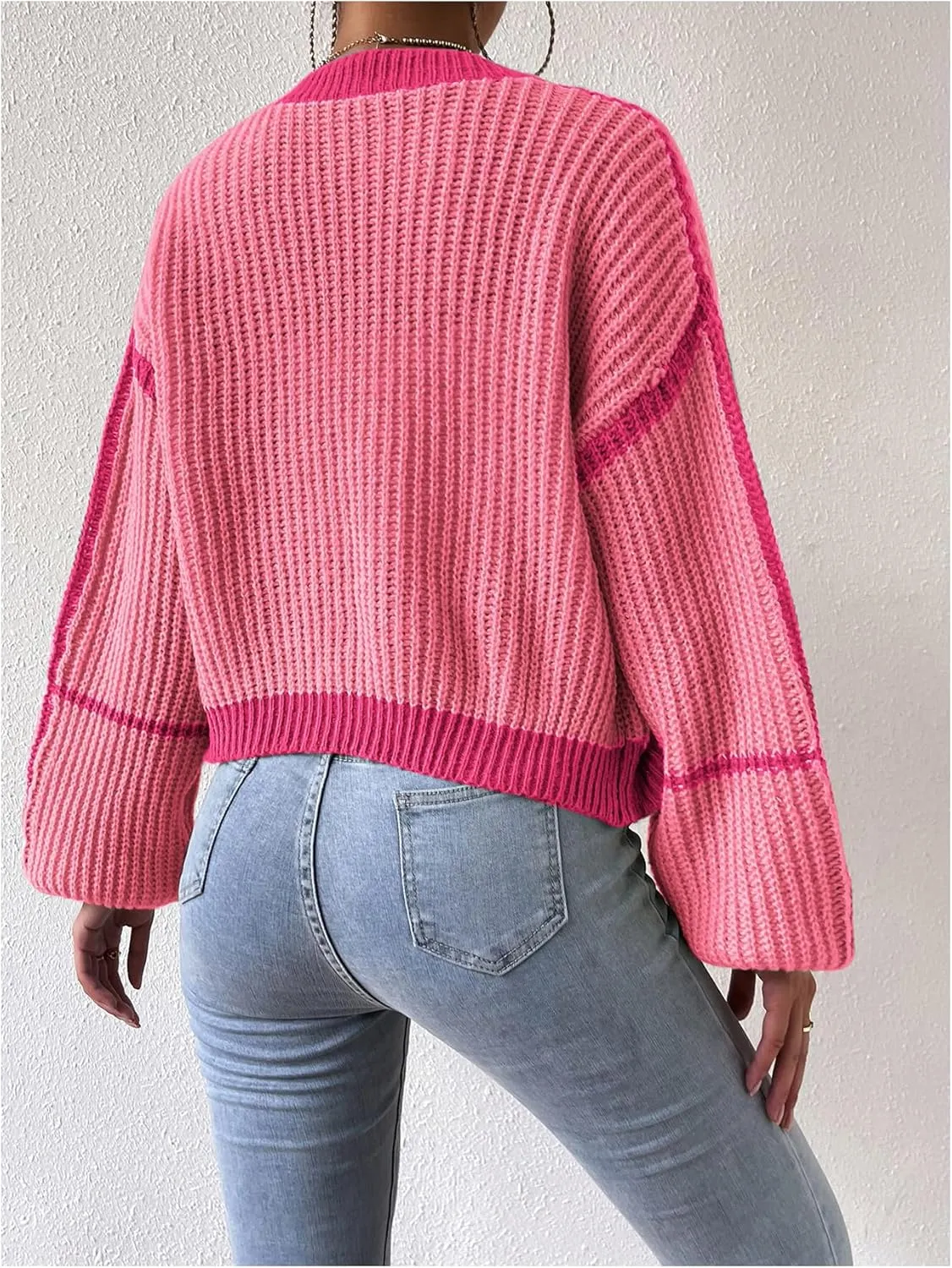 COZYEASE Women's Color Block Crop Cardigan Top Bishop Long Sleeve Open Front Sweater