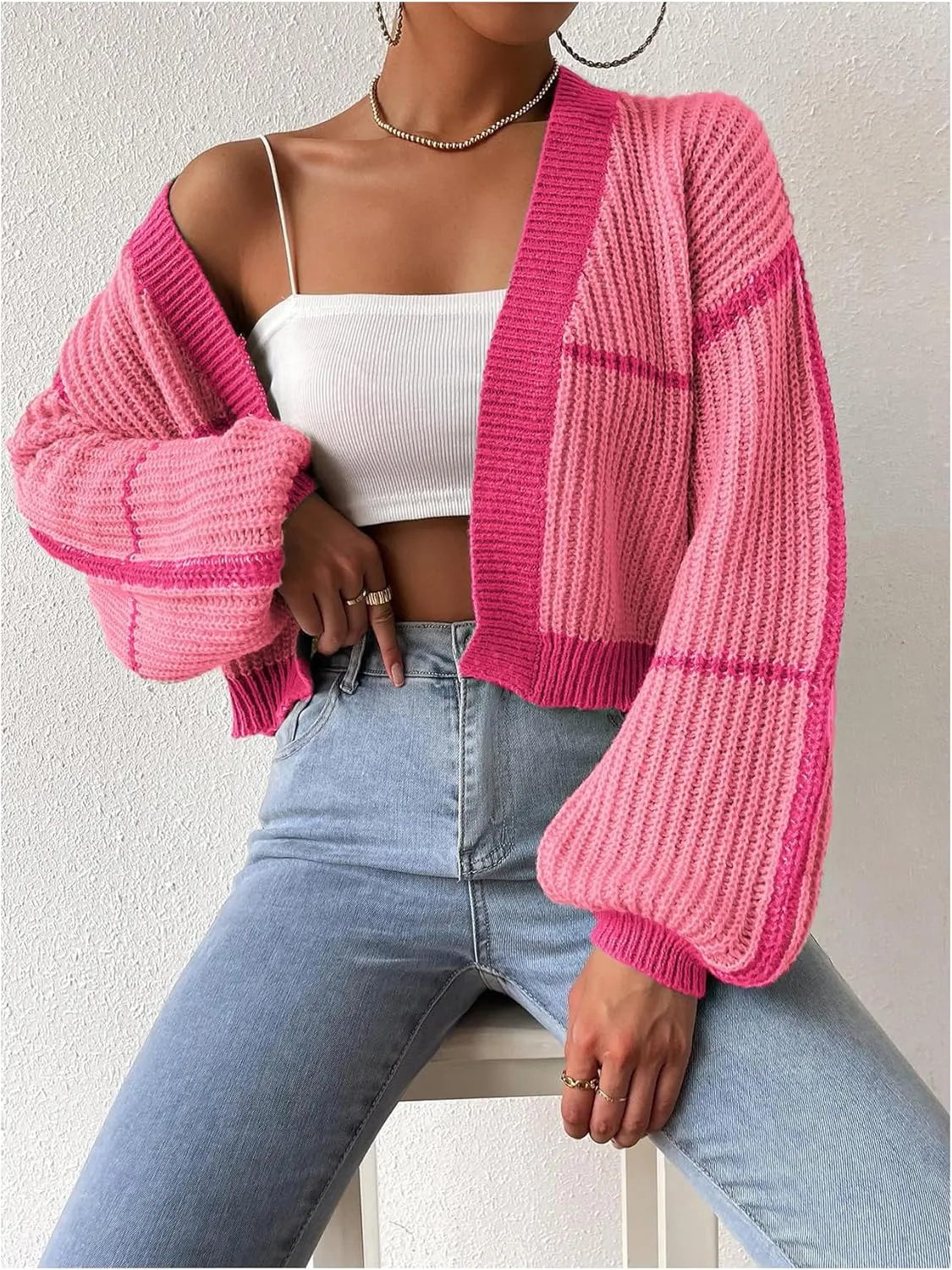 COZYEASE Women's Color Block Crop Cardigan Top Bishop Long Sleeve Open Front Sweater