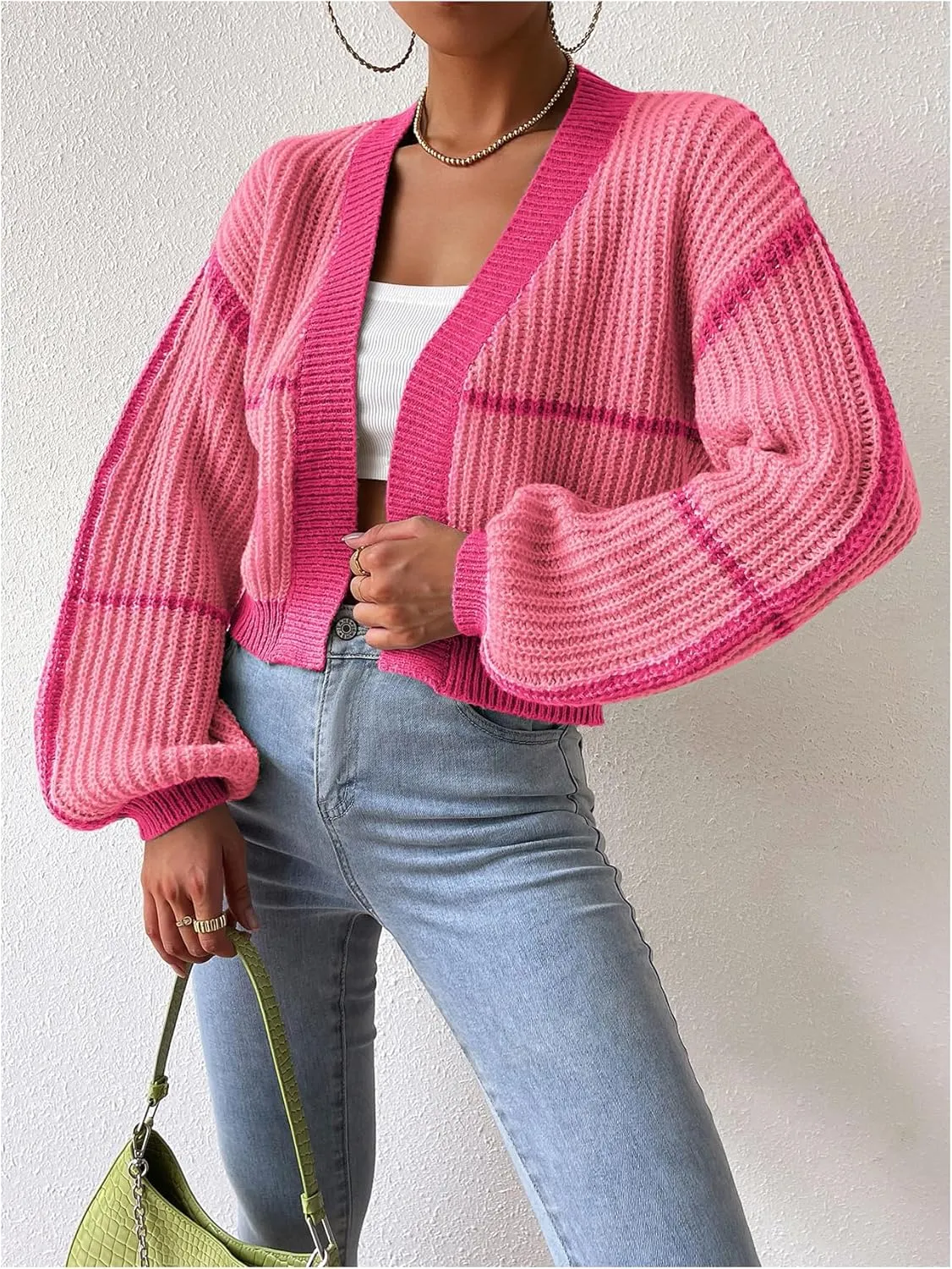 COZYEASE Women's Color Block Crop Cardigan Top Bishop Long Sleeve Open Front Sweater