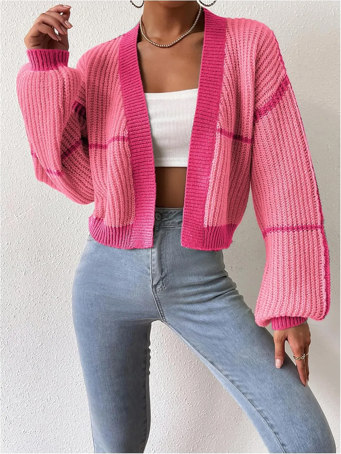 COZYEASE Women's Color Block Crop Cardigan Top Bishop Long Sleeve Open Front Sweater