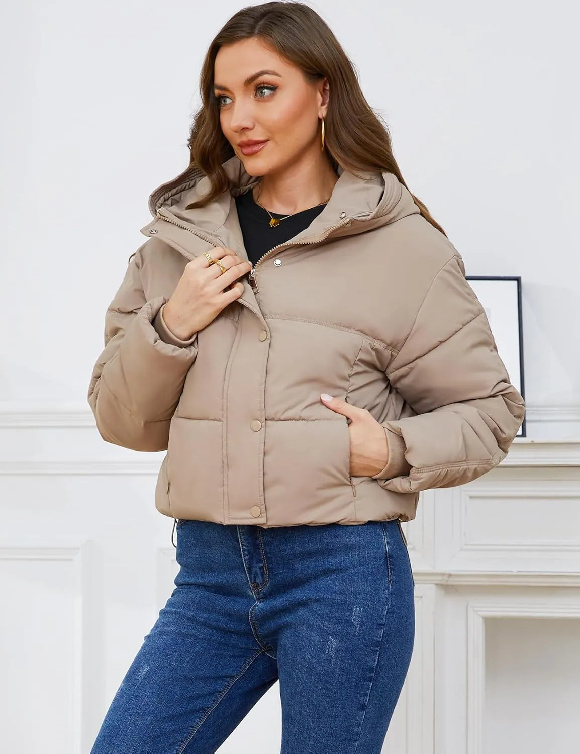 Gihuo Women's Cropped Puffer Jacket Zip Up Hooded Quilted Jackets Winter Short Padded Coat Outerwear