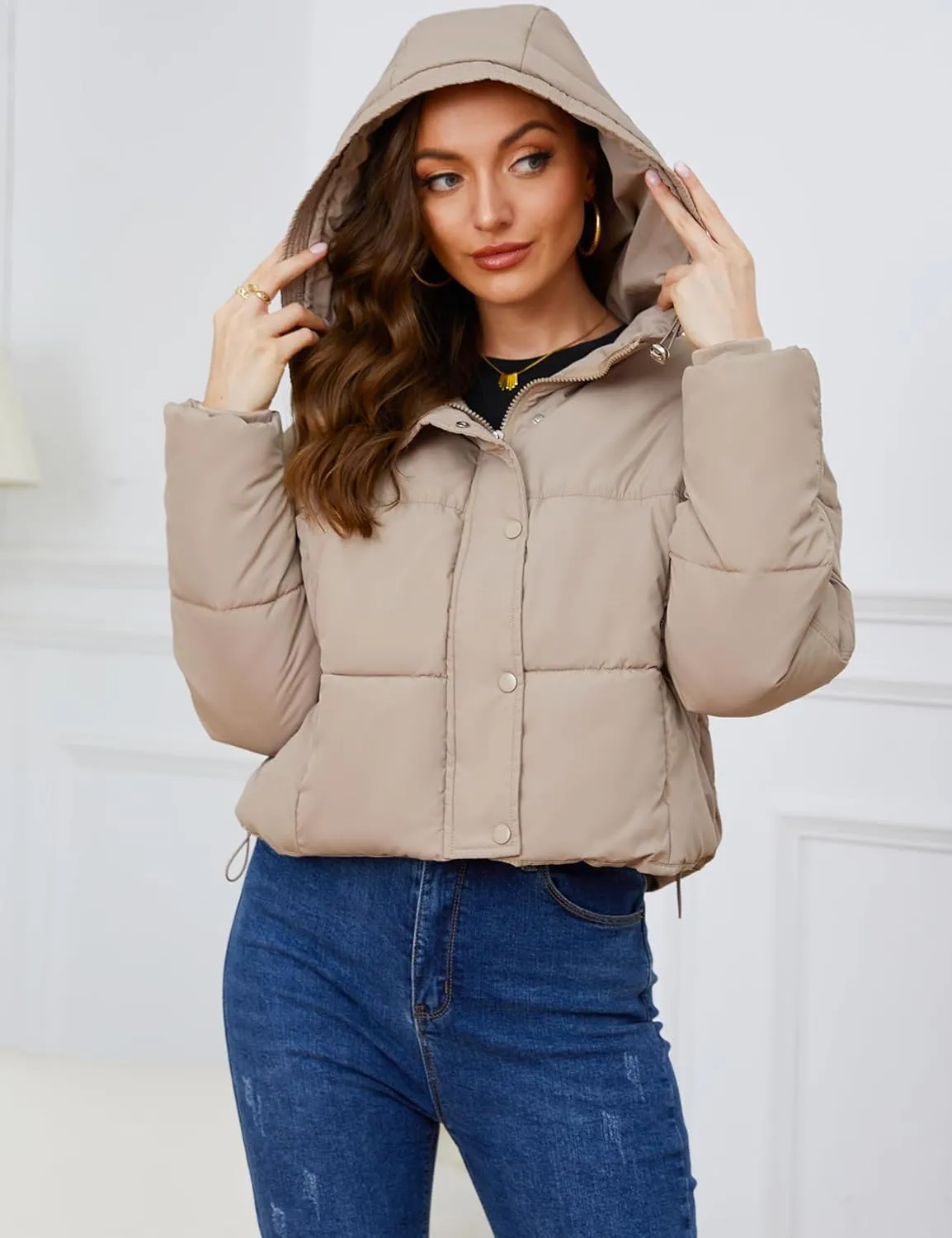 Gihuo Women's Cropped Puffer Jacket Zip Up Hooded Quilted Jackets Winter Short Padded Coat Outerwear