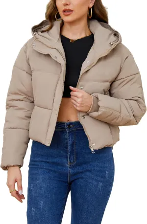Gihuo Women's Cropped Puffer Jacket Zip Up Hooded Quilted Jackets Winter Short Padded Coat Outerwear