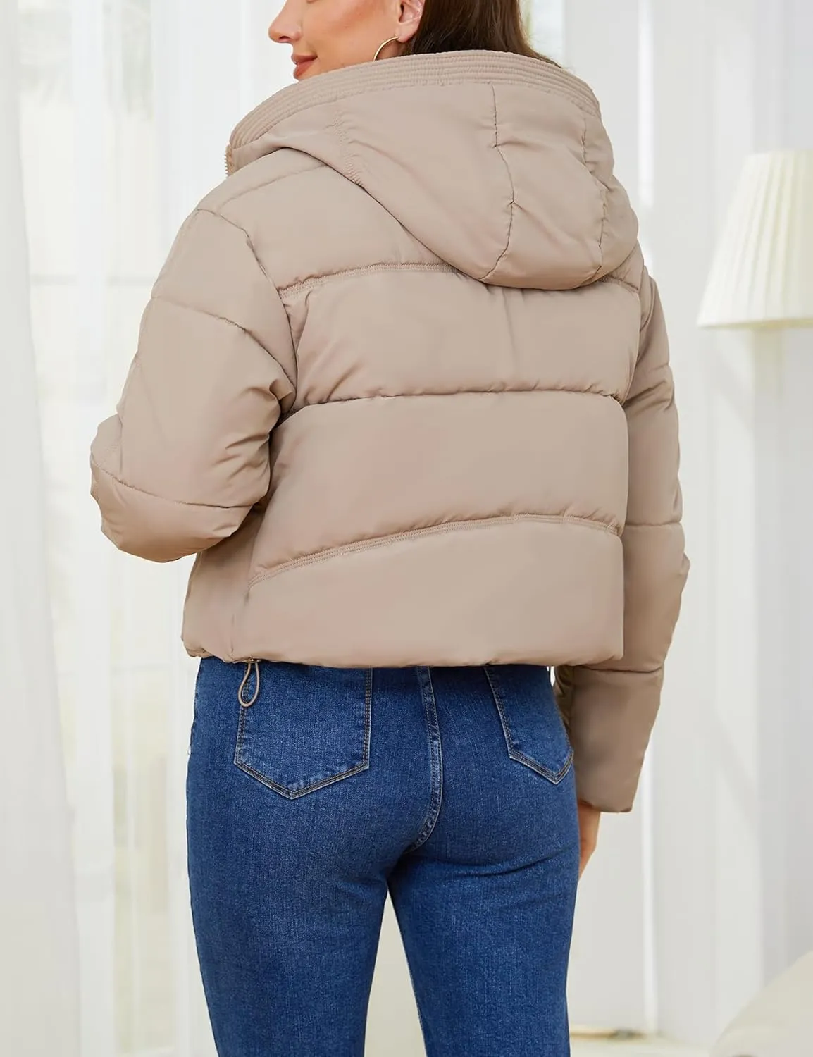 Gihuo Women's Cropped Puffer Jacket Zip Up Hooded Quilted Jackets Winter Short Padded Coat Outerwear