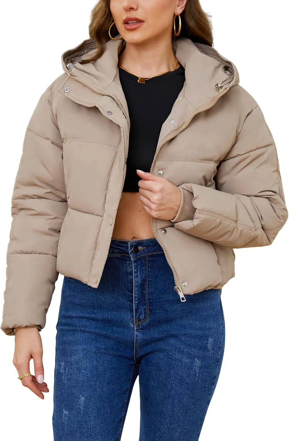 Gihuo Women's Cropped Puffer Jacket Zip Up Hooded Quilted Jackets Winter Short Padded Coat Outerwear