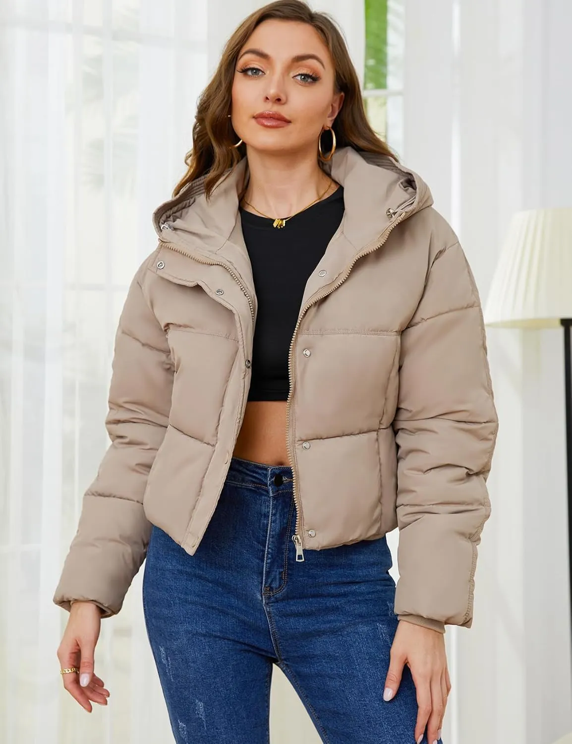 Gihuo Women's Cropped Puffer Jacket Zip Up Hooded Quilted Jackets Winter Short Padded Coat Outerwear