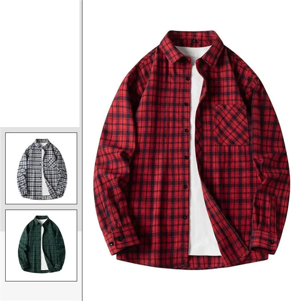 Men Plaid Flannel Casual Shirt Checkered Loose Slim Shirt Oversized Office Business Shirts