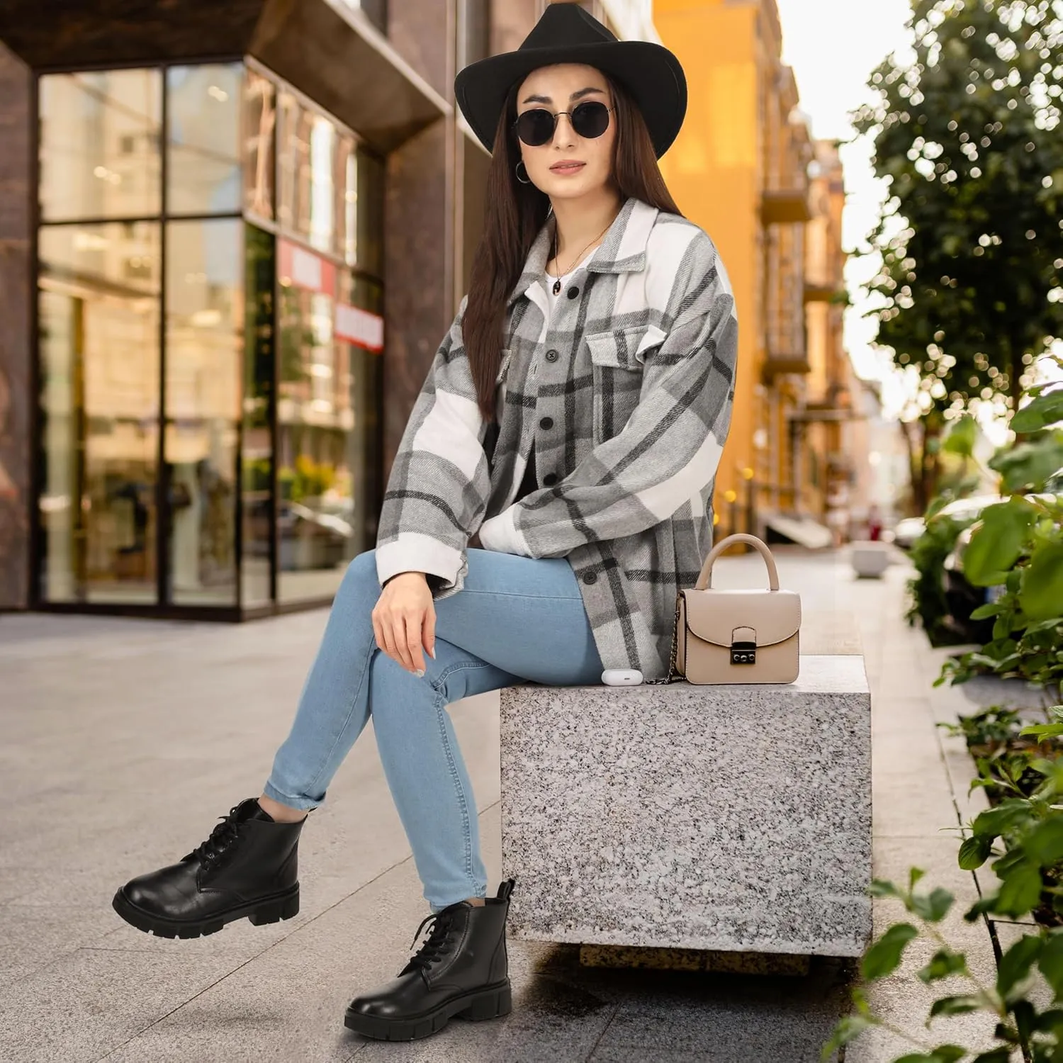 NY Threads Women's Flannel Plaid Shacket Button Down Long Sleeve Loose Fit Shirt Casual Jacket Coat