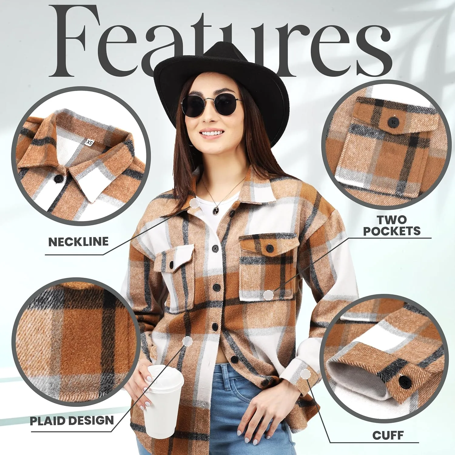 NY Threads Women's Flannel Plaid Shacket Button Down Long Sleeve Loose Fit Shirt Casual Jacket Coat