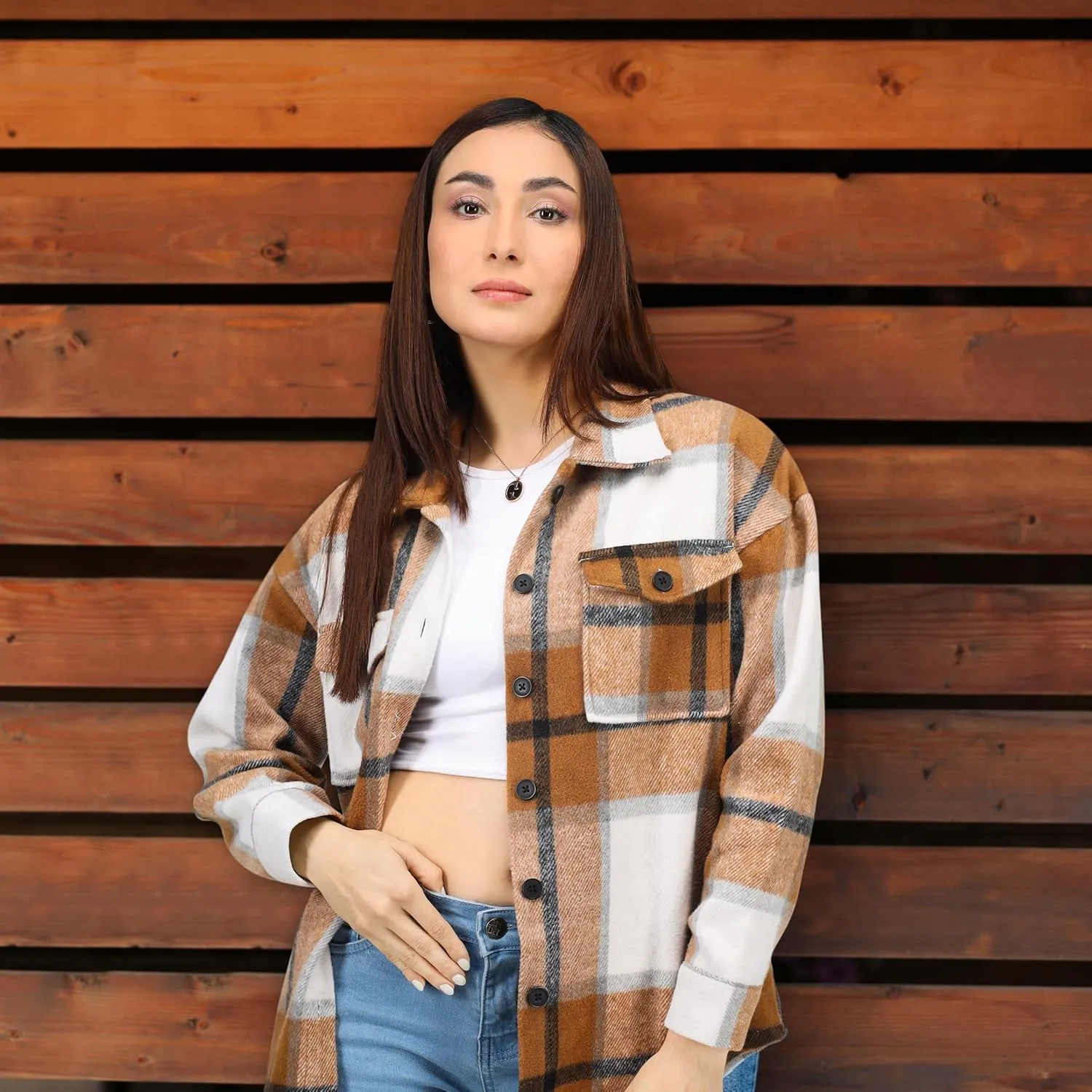 NY Threads Women's Flannel Plaid Shacket Button Down Long Sleeve Loose Fit Shirt Casual Jacket Coat