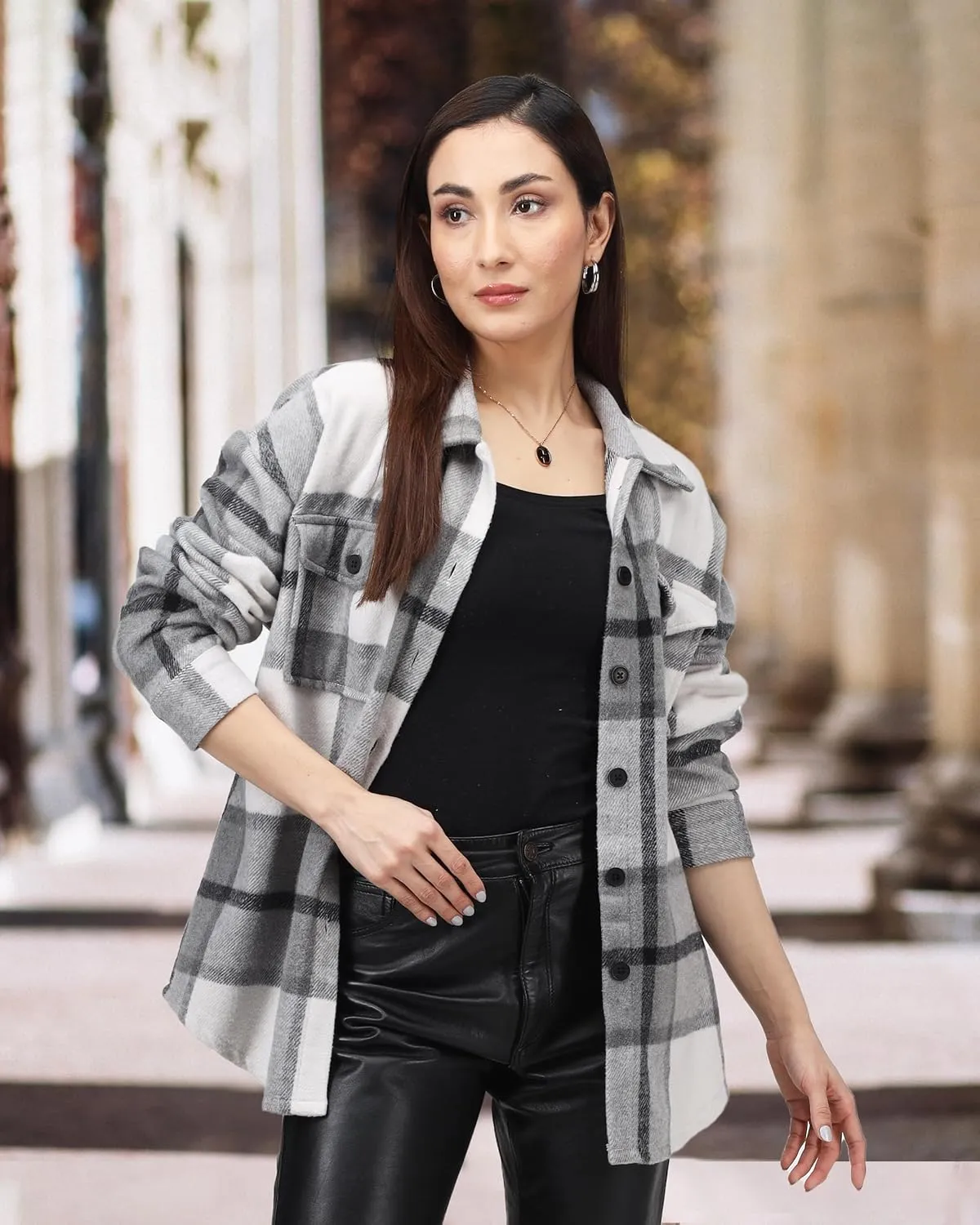 NY Threads Women's Flannel Plaid Shacket Button Down Long Sleeve Loose Fit Shirt Casual Jacket Coat