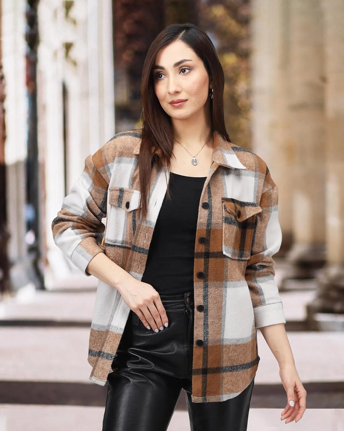 NY Threads Women's Flannel Plaid Shacket Button Down Long Sleeve Loose Fit Shirt Casual Jacket Coat