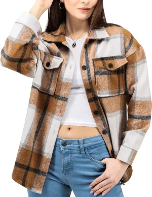 NY Threads Women's Flannel Plaid Shacket Button Down Long Sleeve Loose Fit Shirt Casual Jacket Coat
