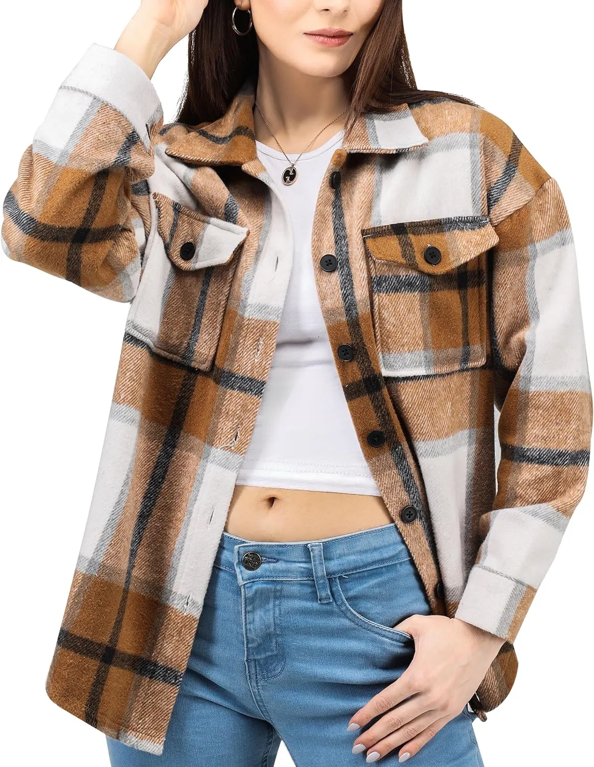 NY Threads Women's Flannel Plaid Shacket Button Down Long Sleeve Loose Fit Shirt Casual Jacket Coat