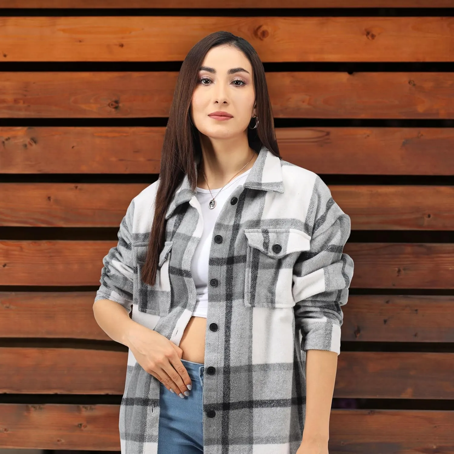 NY Threads Women's Flannel Plaid Shacket Button Down Long Sleeve Loose Fit Shirt Casual Jacket Coat