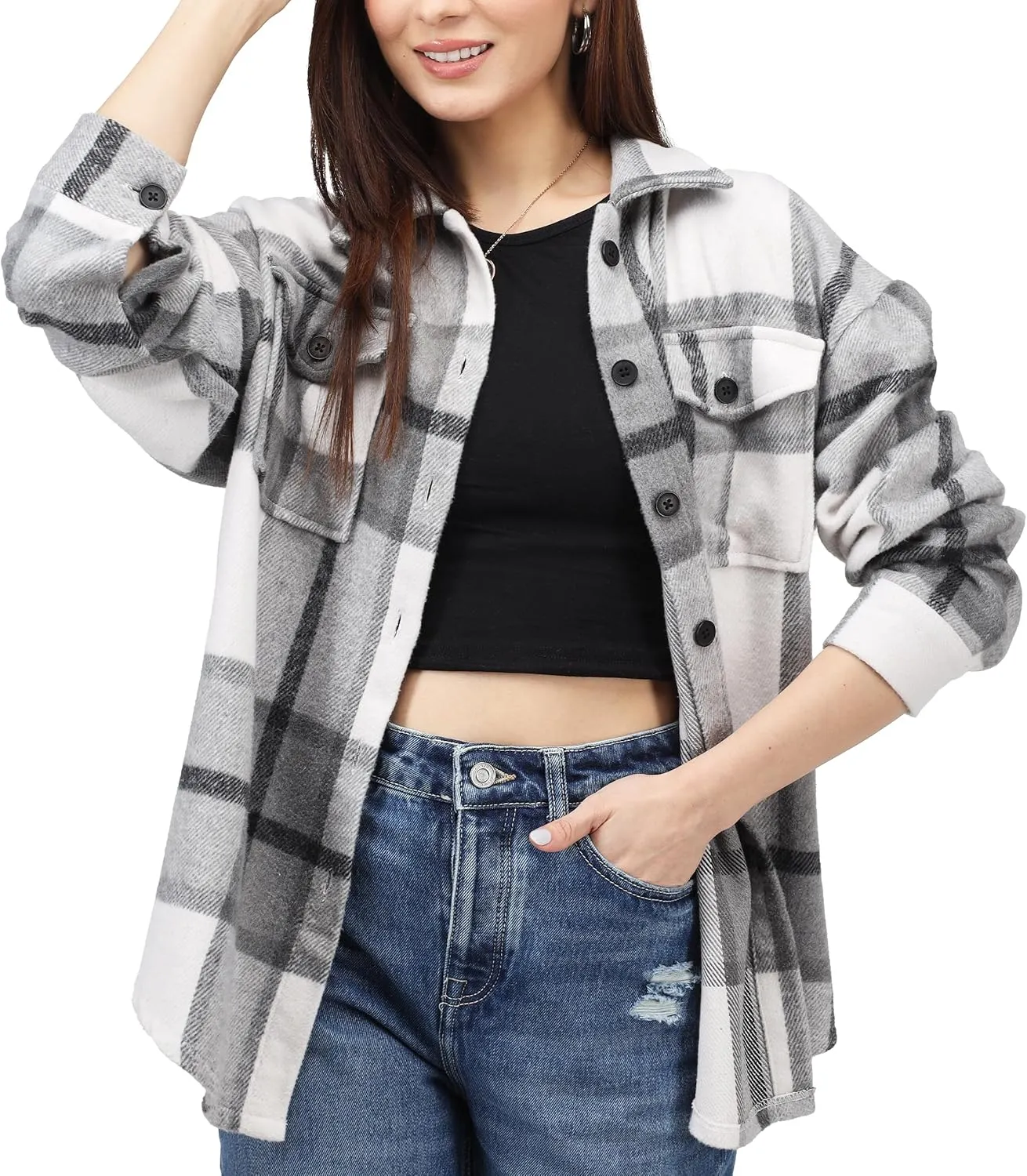 NY Threads Women's Flannel Plaid Shacket Button Down Long Sleeve Loose Fit Shirt Casual Jacket Coat