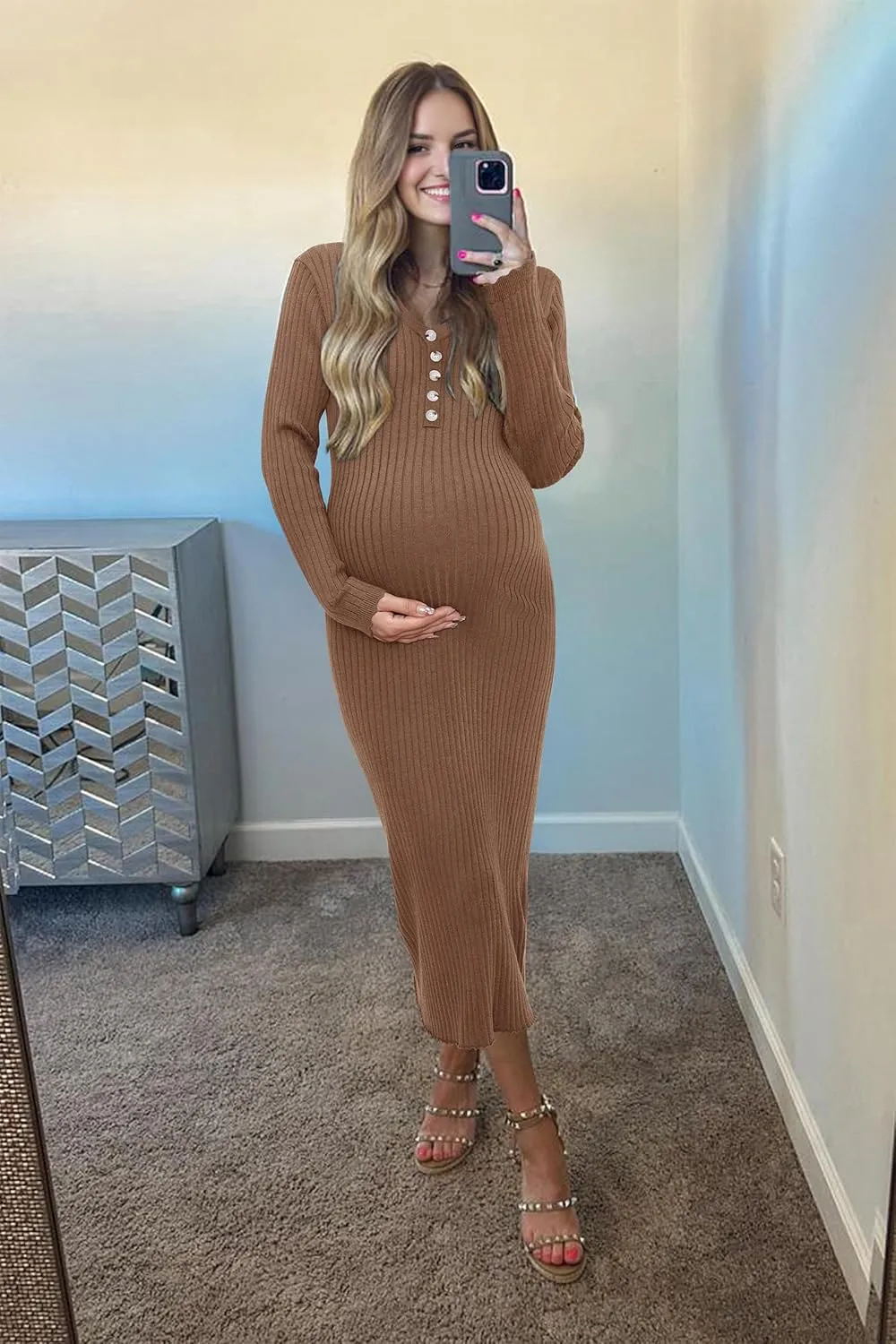 OUGES Women's Wool Blend 2025 Winter Maternity Sweater Dress V Neck Long Sleeve Slim Fit Ribbed Knit Midi Bodycon Dresses