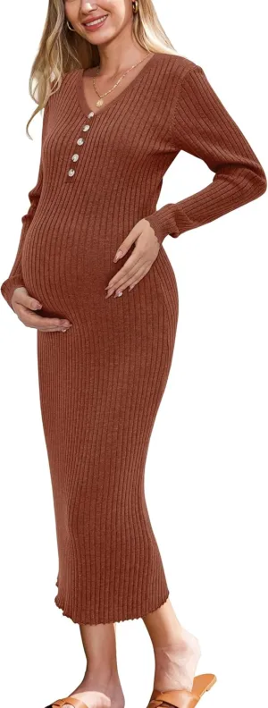 OUGES Women's Wool Blend 2025 Winter Maternity Sweater Dress V Neck Long Sleeve Slim Fit Ribbed Knit Midi Bodycon Dresses