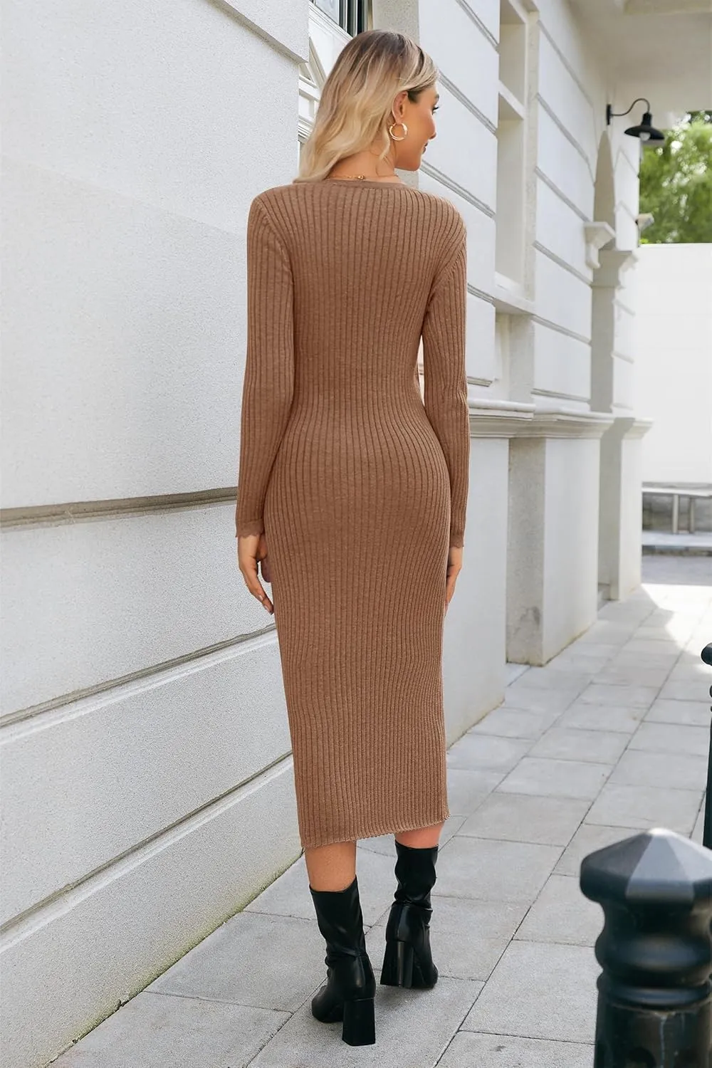OUGES Women's Wool Blend 2025 Winter Maternity Sweater Dress V Neck Long Sleeve Slim Fit Ribbed Knit Midi Bodycon Dresses