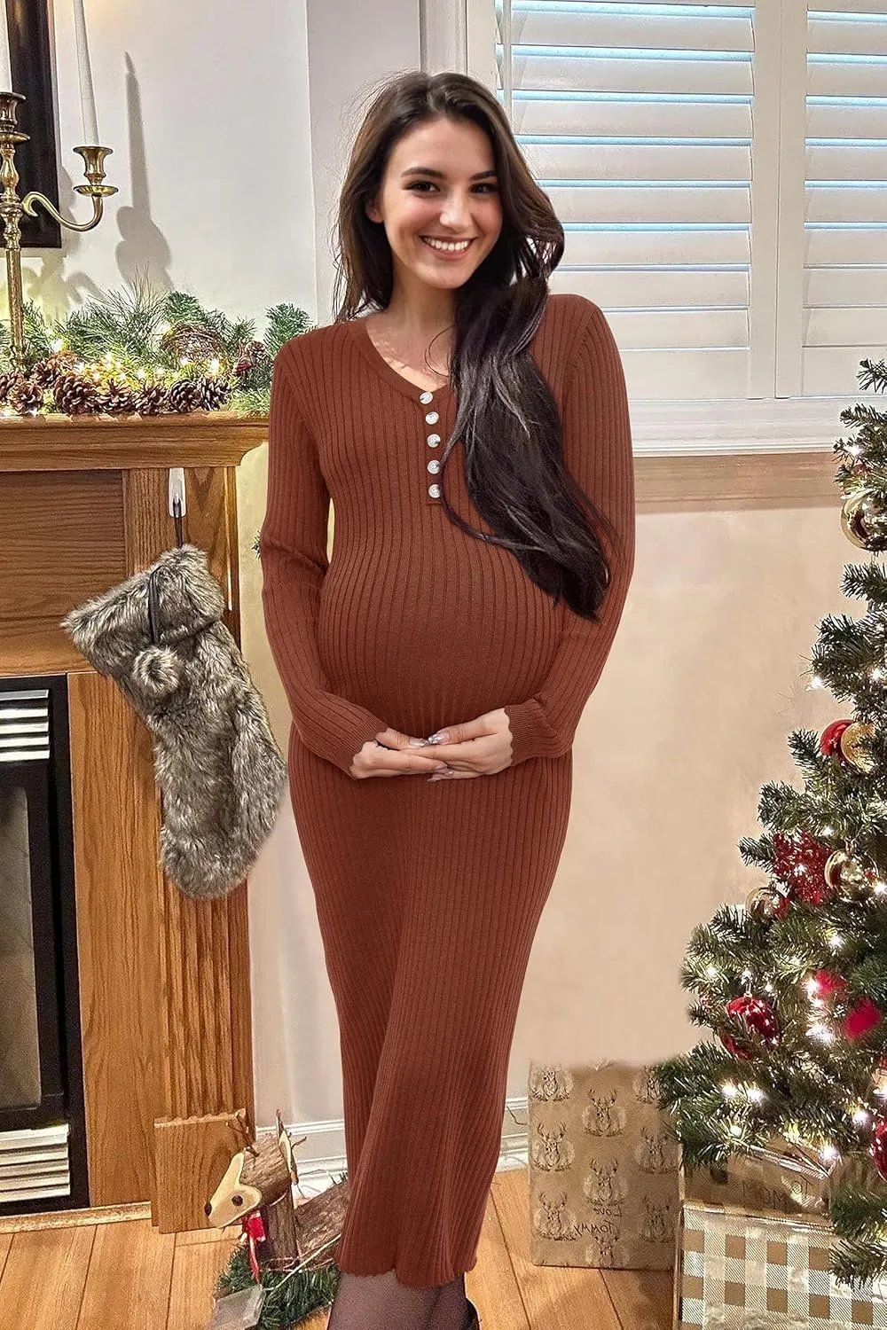 OUGES Women's Wool Blend 2025 Winter Maternity Sweater Dress V Neck Long Sleeve Slim Fit Ribbed Knit Midi Bodycon Dresses