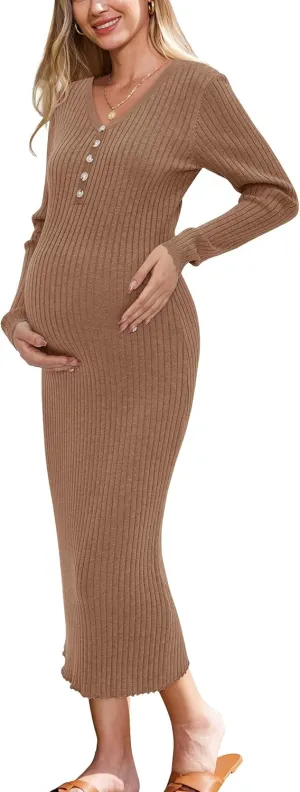 OUGES Women's Wool Blend 2025 Winter Maternity Sweater Dress V Neck Long Sleeve Slim Fit Ribbed Knit Midi Bodycon Dresses