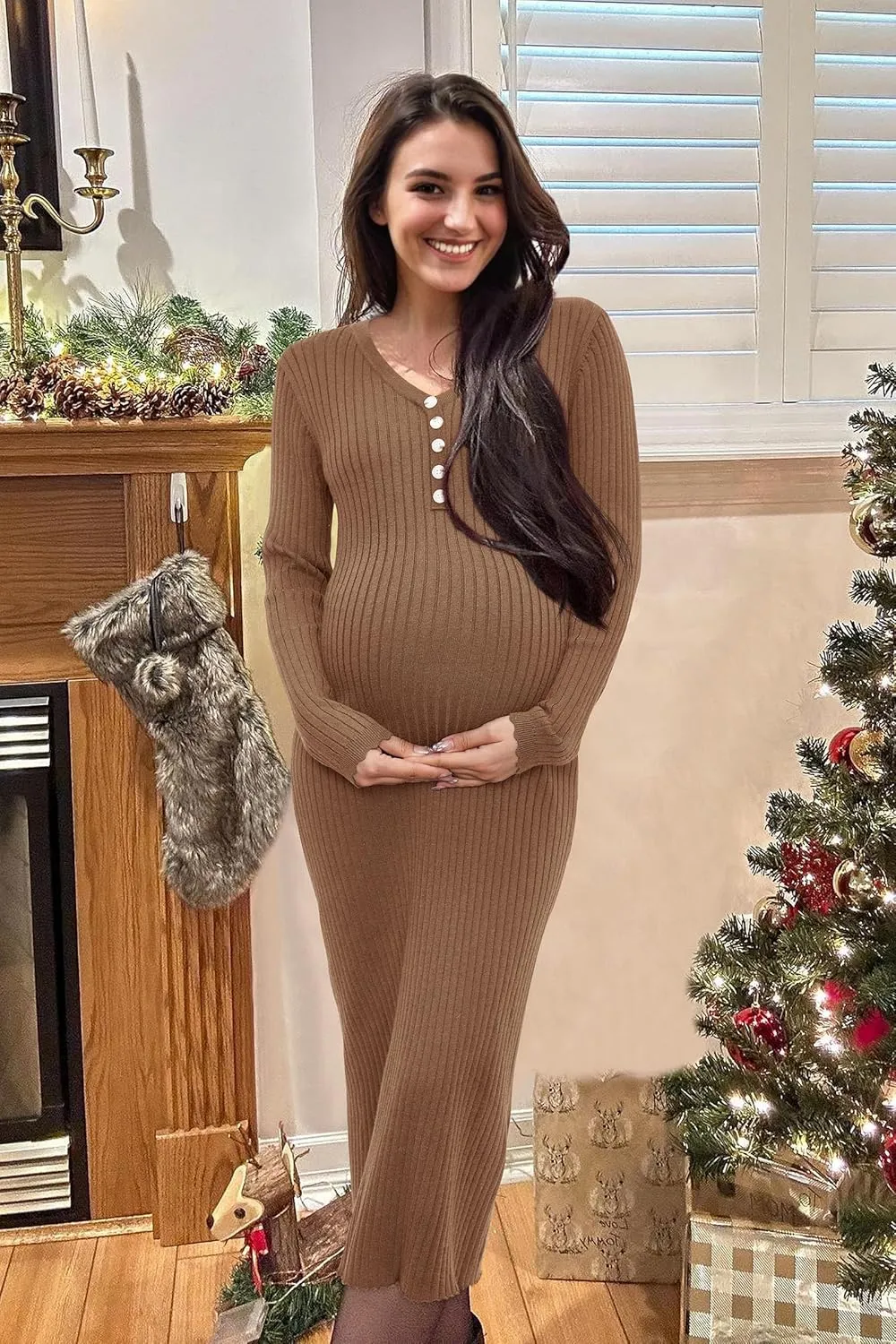 OUGES Women's Wool Blend 2025 Winter Maternity Sweater Dress V Neck Long Sleeve Slim Fit Ribbed Knit Midi Bodycon Dresses