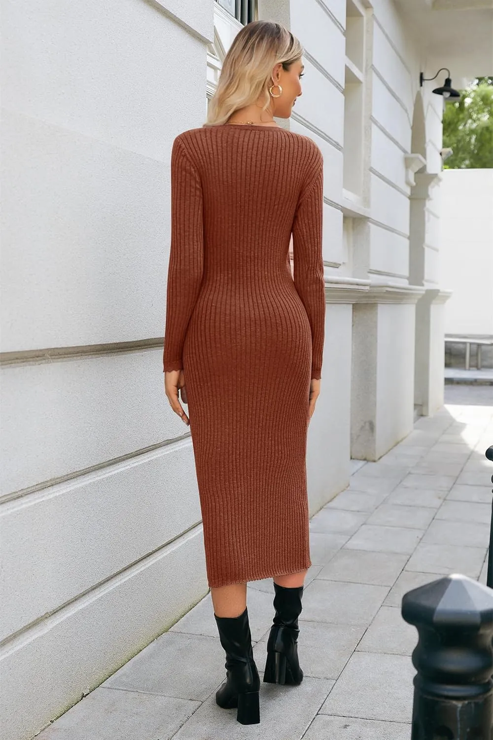 OUGES Women's Wool Blend 2025 Winter Maternity Sweater Dress V Neck Long Sleeve Slim Fit Ribbed Knit Midi Bodycon Dresses