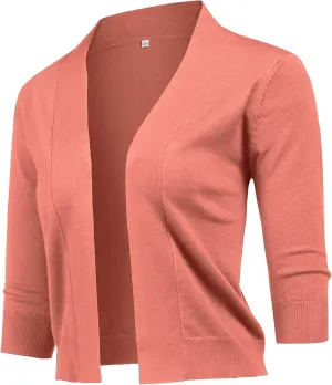 URRU Women's Classic 3/4 Sleeve Open Front Cropped Cardigan Sweater Lightweight Knit Short Shrugs