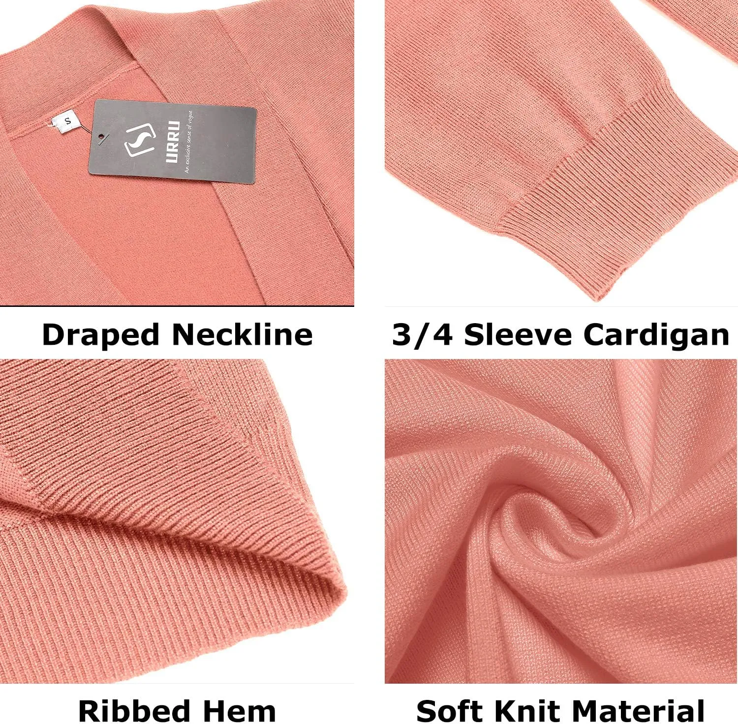URRU Women's Classic 3/4 Sleeve Open Front Cropped Cardigan Sweater Lightweight Knit Short Shrugs